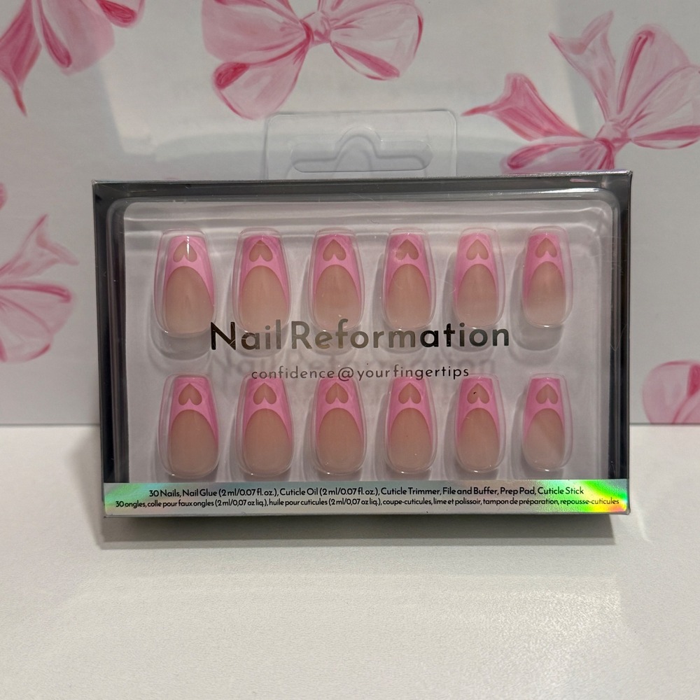 Nail Reformation Pink‎ Heart French Tip Press On Nail Kit 30ct New